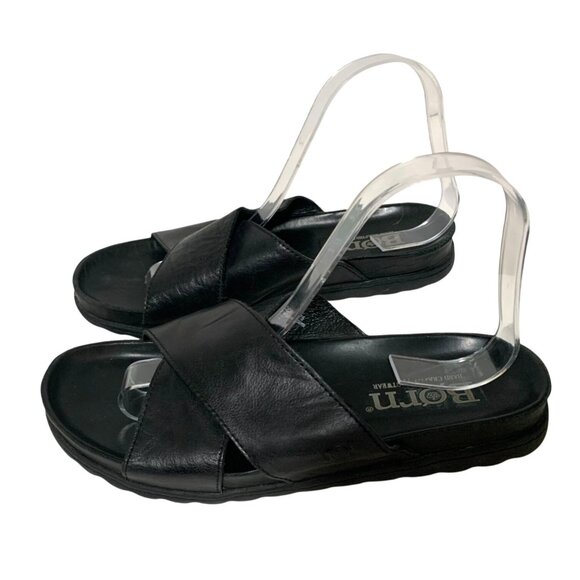 Born Womens Size 8 M CQA15 Black Leather Slip On Slide Sandals Shoes Criss Cross - Picture 1 of 6